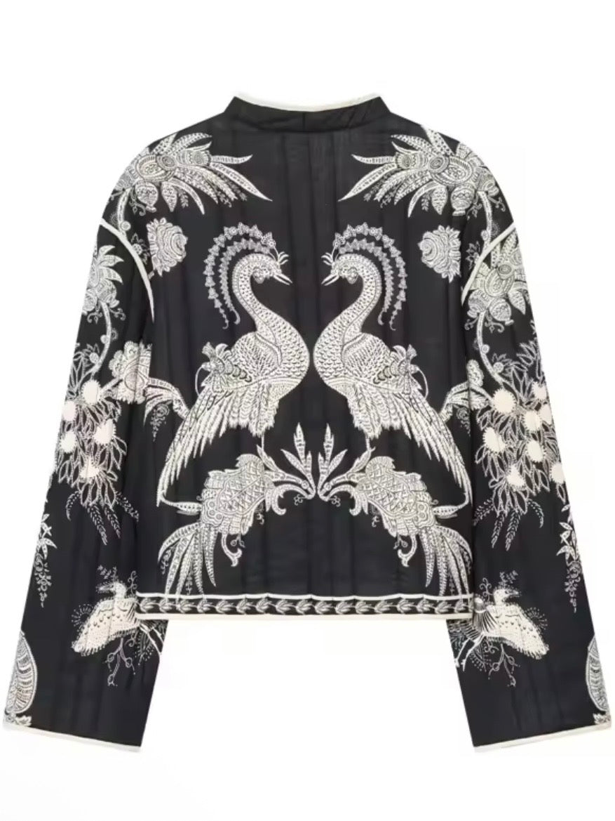 Navy blue peacock embroidered open front bomber quilted jacket