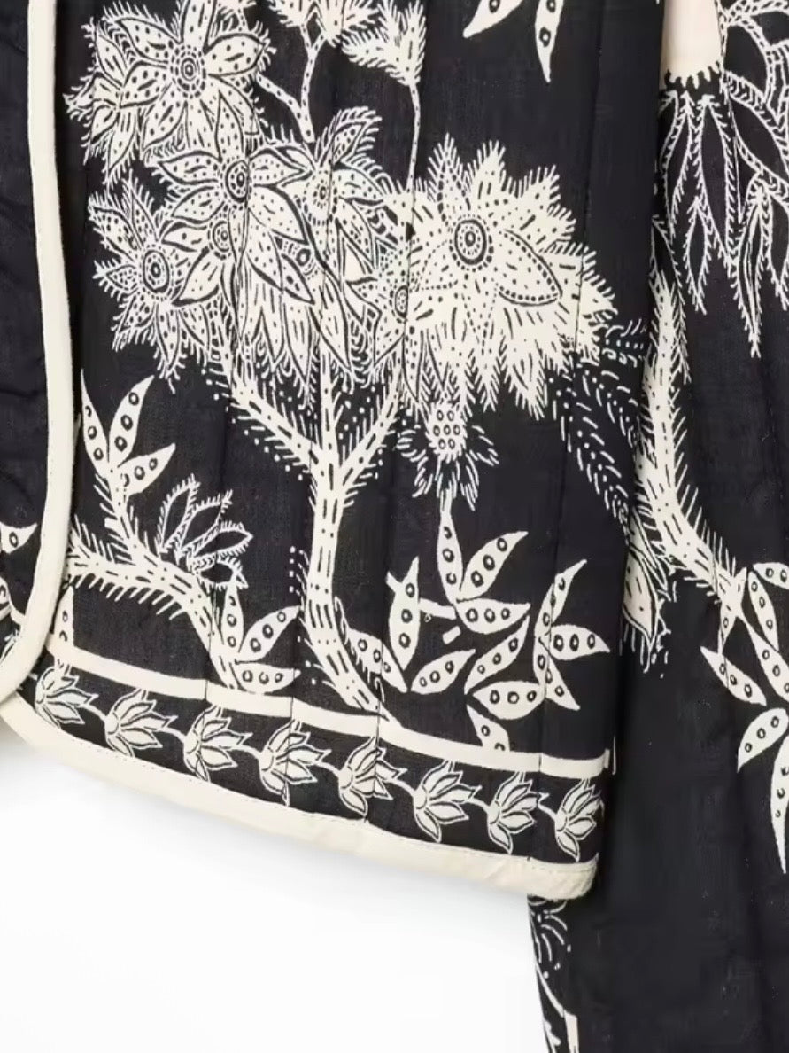 Navy blue peacock embroidered open front bomber quilted jacket