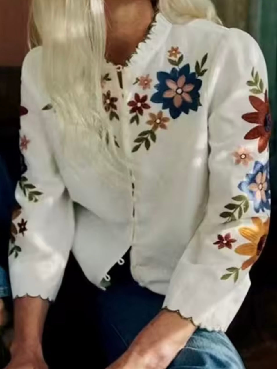 Beige floral embroidered shirt