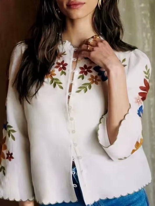 Beige floral embroidered shirt