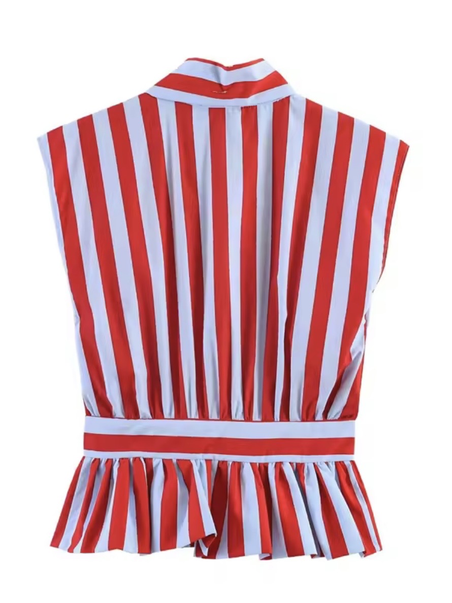 Red and light blue striped buttons down sleeveless shirt top