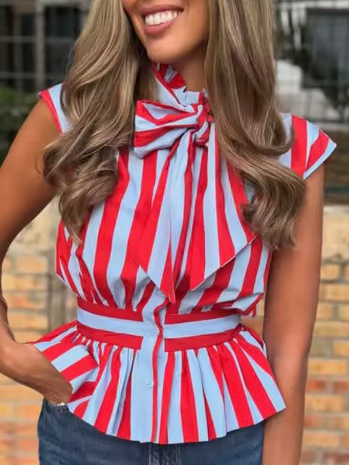 Red and light blue striped buttons down sleeveless shirt top