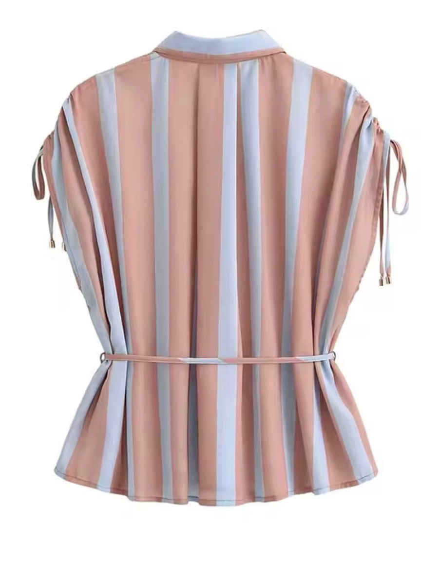 Light brown and light blue striped buttons down sleeveless shirt top