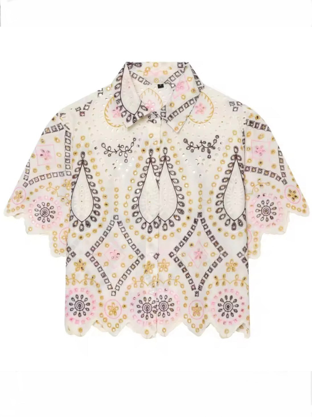 Vanilla beige floral embroidered buttons down short sleeves shirt top