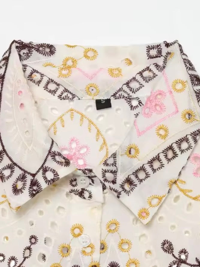 Vanilla beige floral embroidered buttons down short sleeves shirt top
