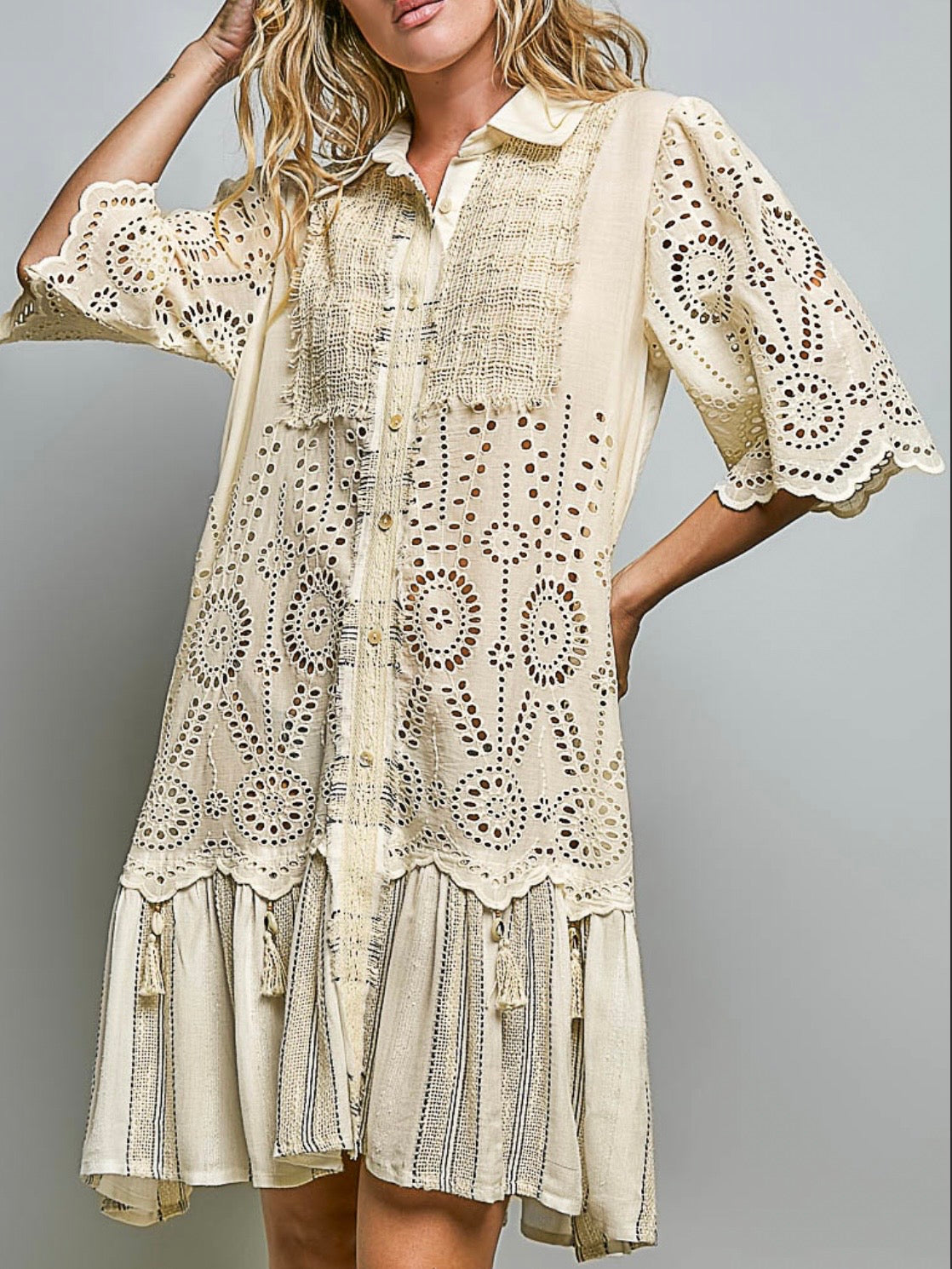 Beige boho embroidered details loose midi shirt dress