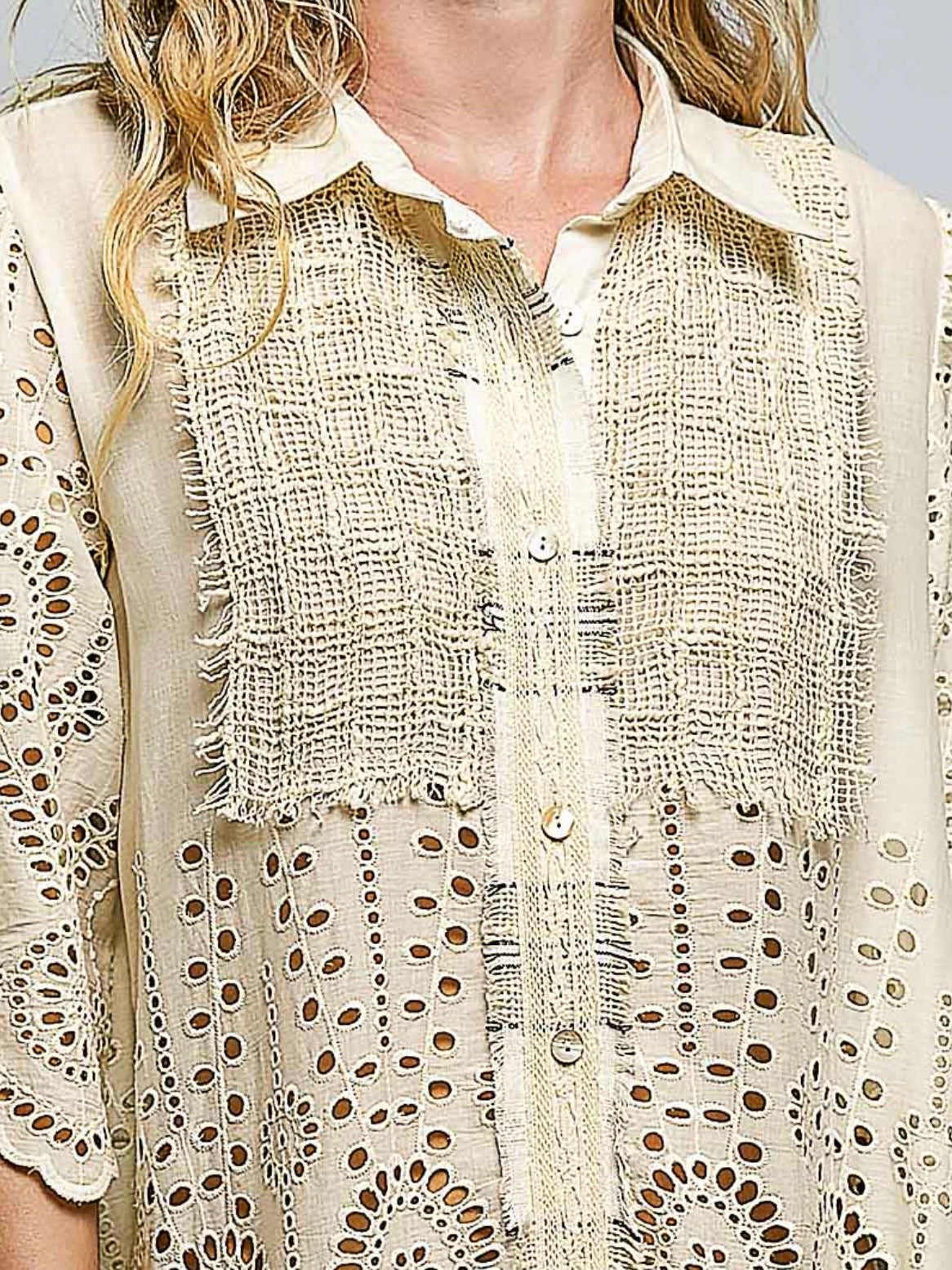 Beige boho embroidered details loose midi shirt dress
