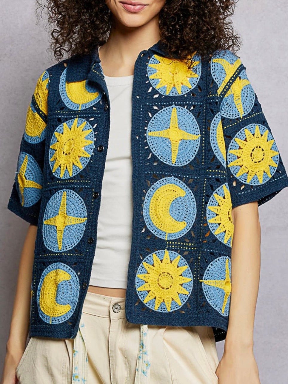 Blue and yellow sun moon knitted shirt