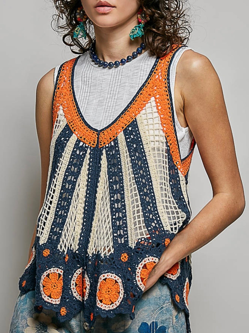 Blue and orange crochet knitted sleeveless tank top
