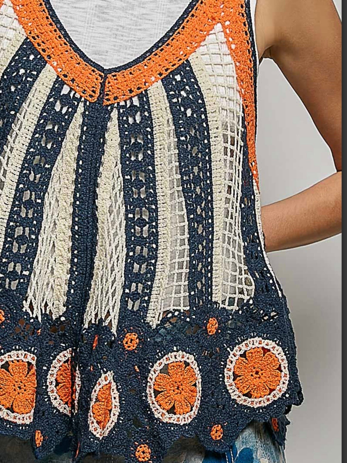Blue and orange crochet knitted sleeveless tank top