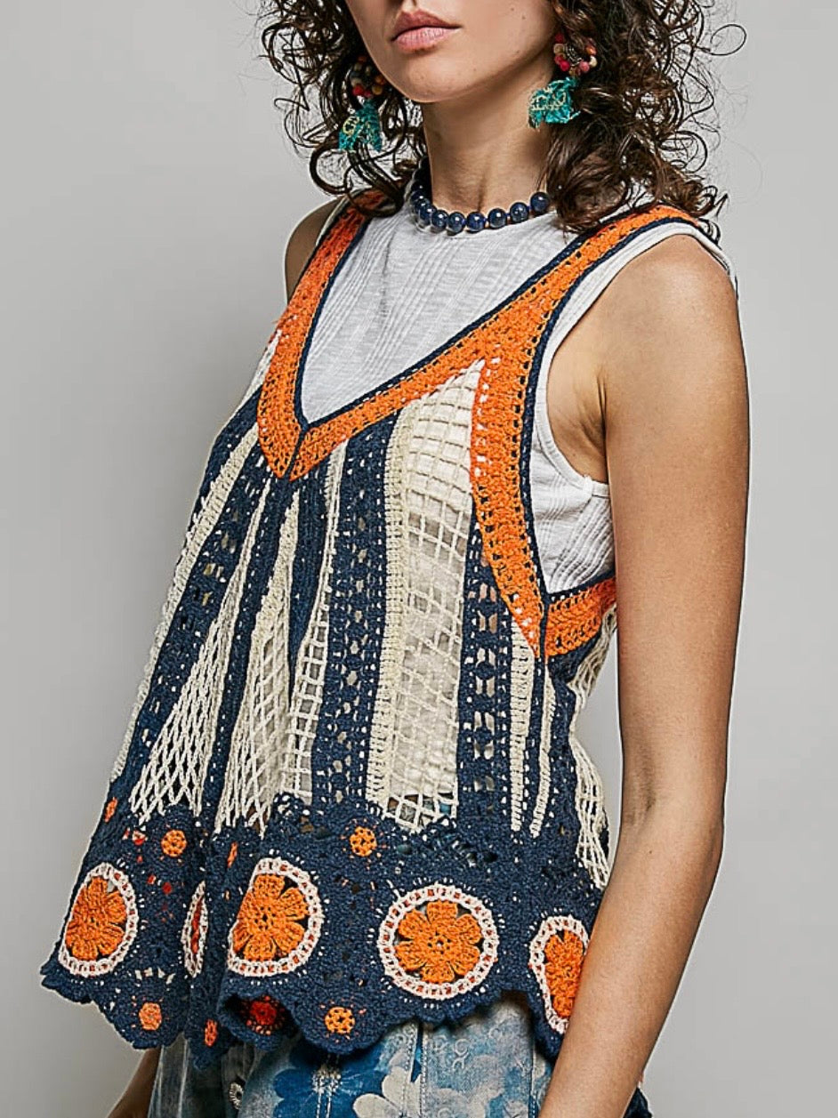Blue and orange crochet knitted sleeveless tank top