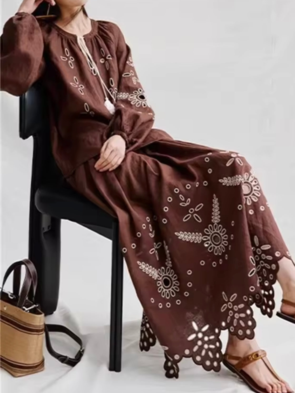 Brown and beige set embroidered top and skirt