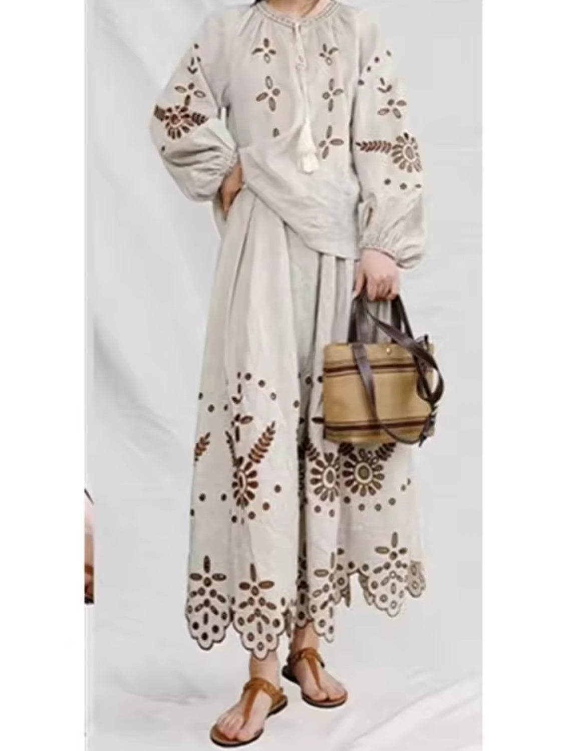 Brown and beige set embroidered top and skirt