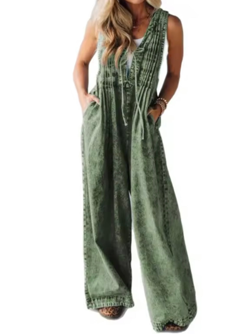 Solid colors denim loose washed jumper overall