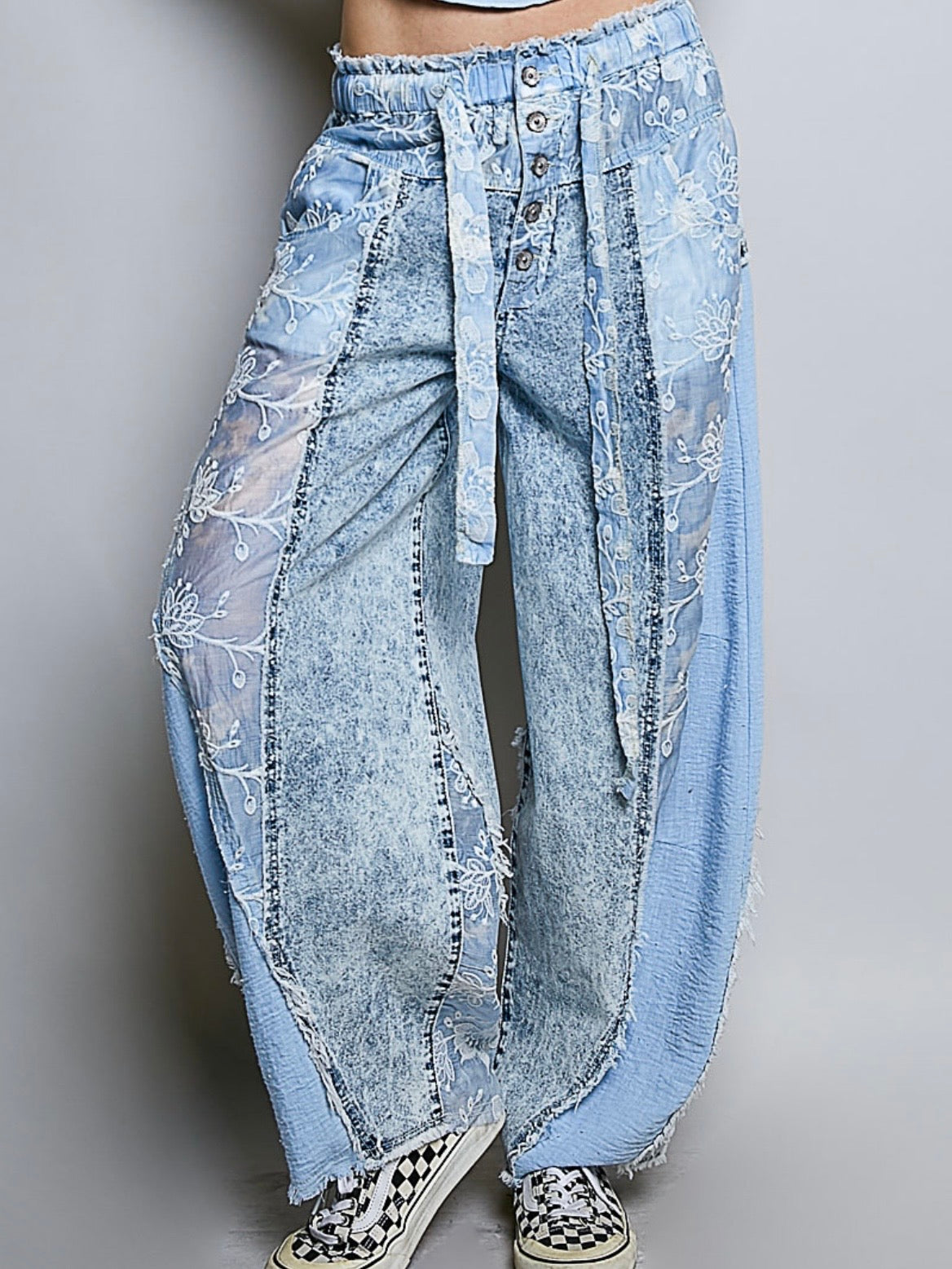 Blue floral print mix fabric patched denim wide pants