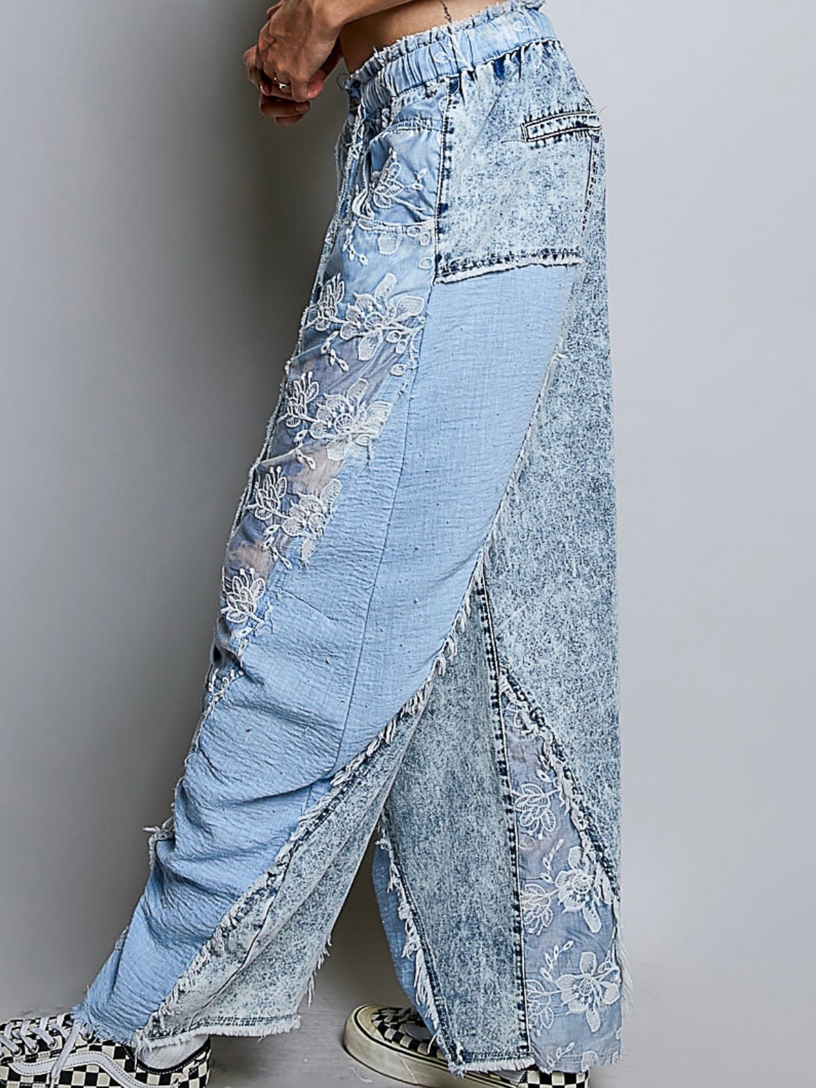 Blue floral print mix fabric patched denim wide pants
