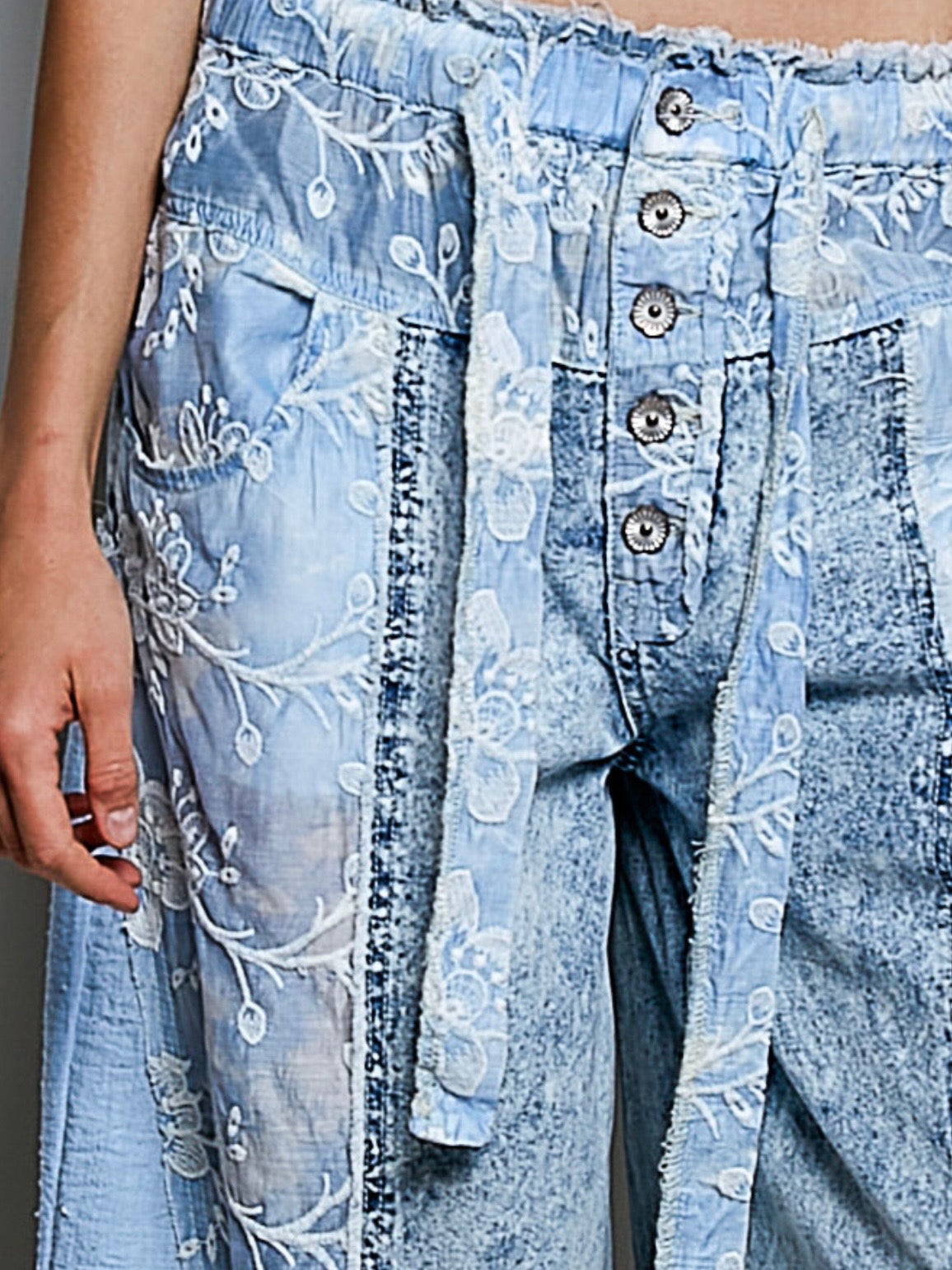 Blue floral print mix fabric patched denim wide pants