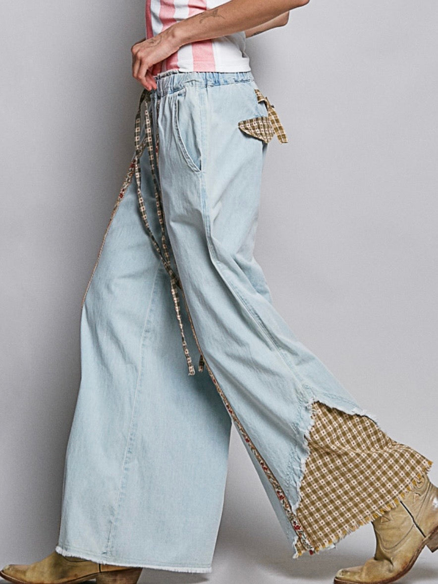 Blue denim and brown checkered patched wide pants