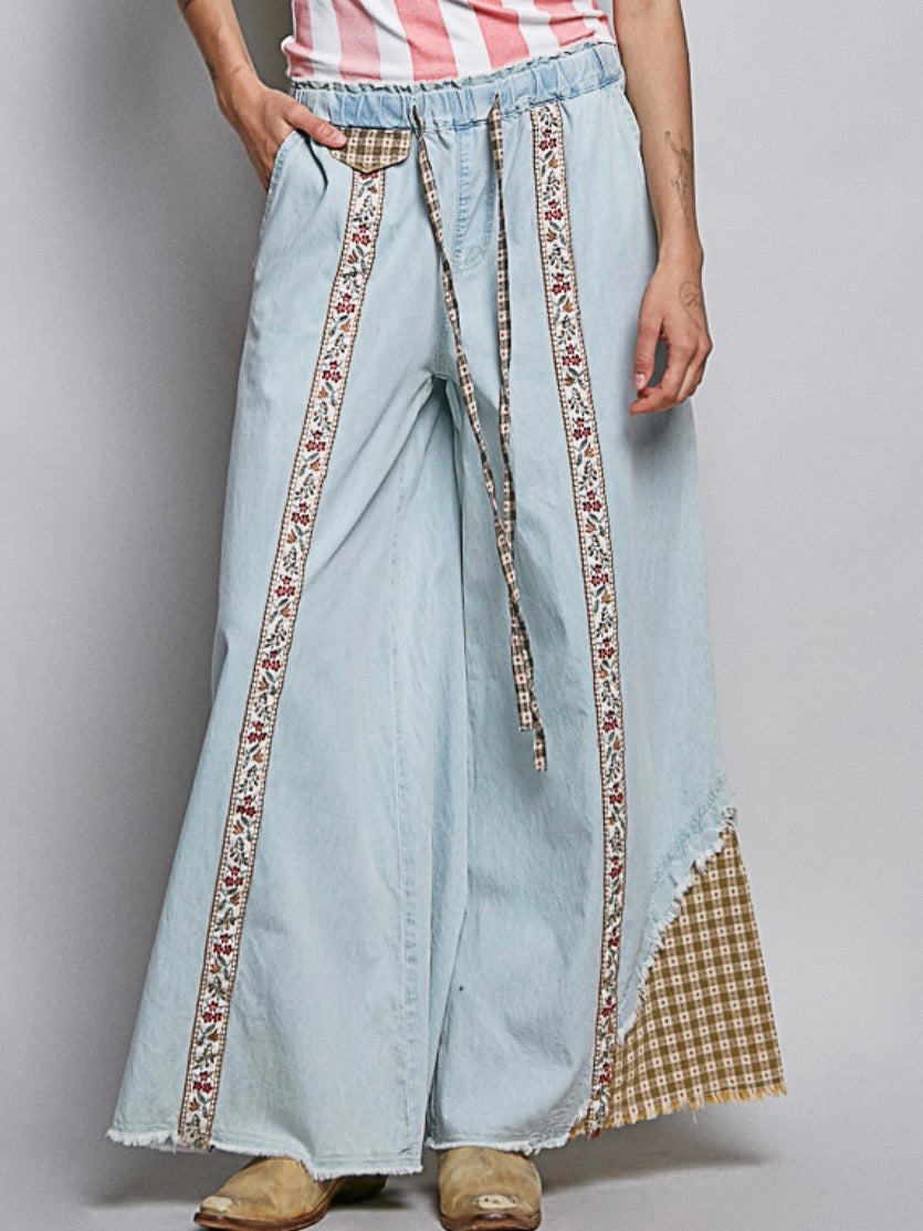 Blue denim and brown checkered patched wide pants