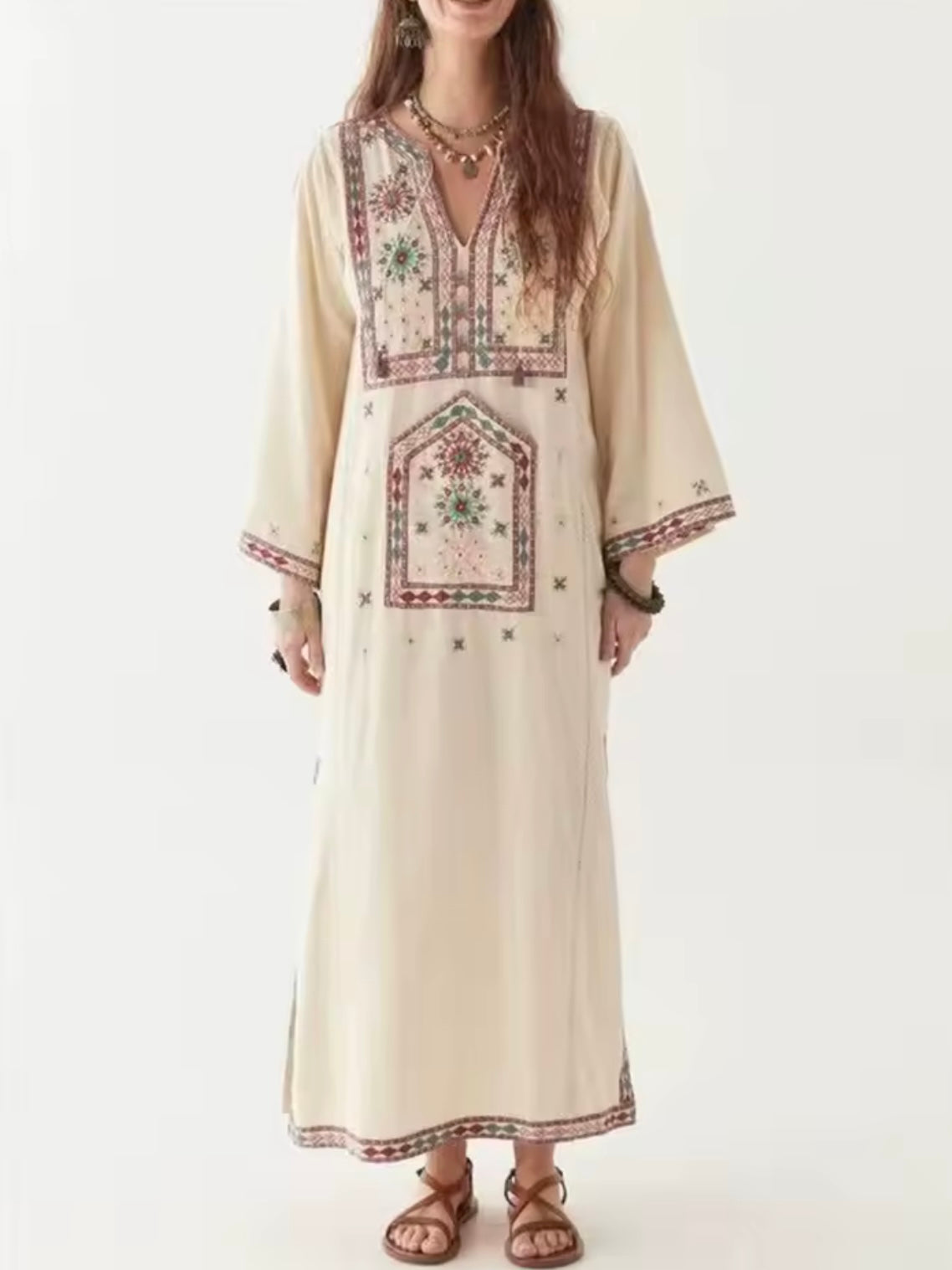 Beige floral details tunic maxi dress
