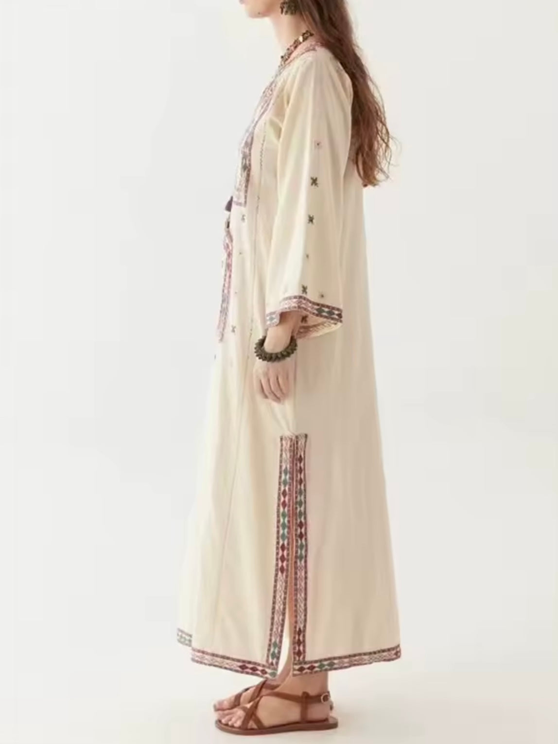 Beige floral details tunic maxi dress