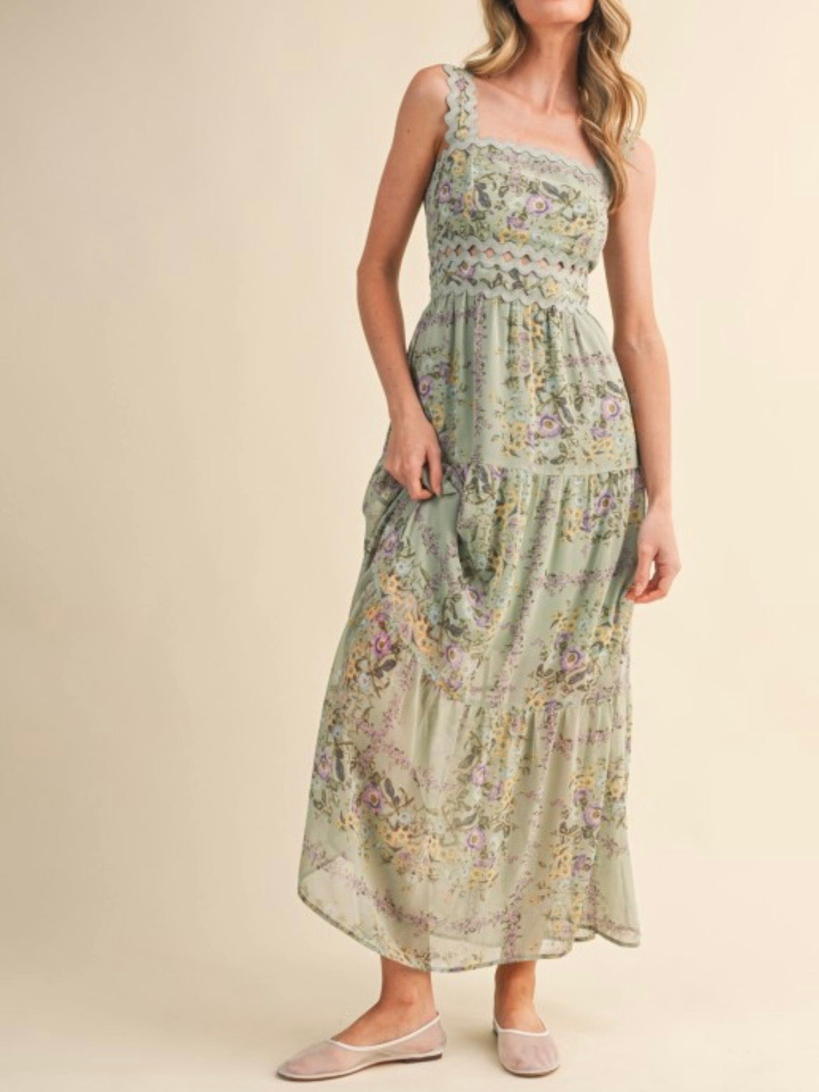 Light green floral printed square neck straps loose fit maxi dress
