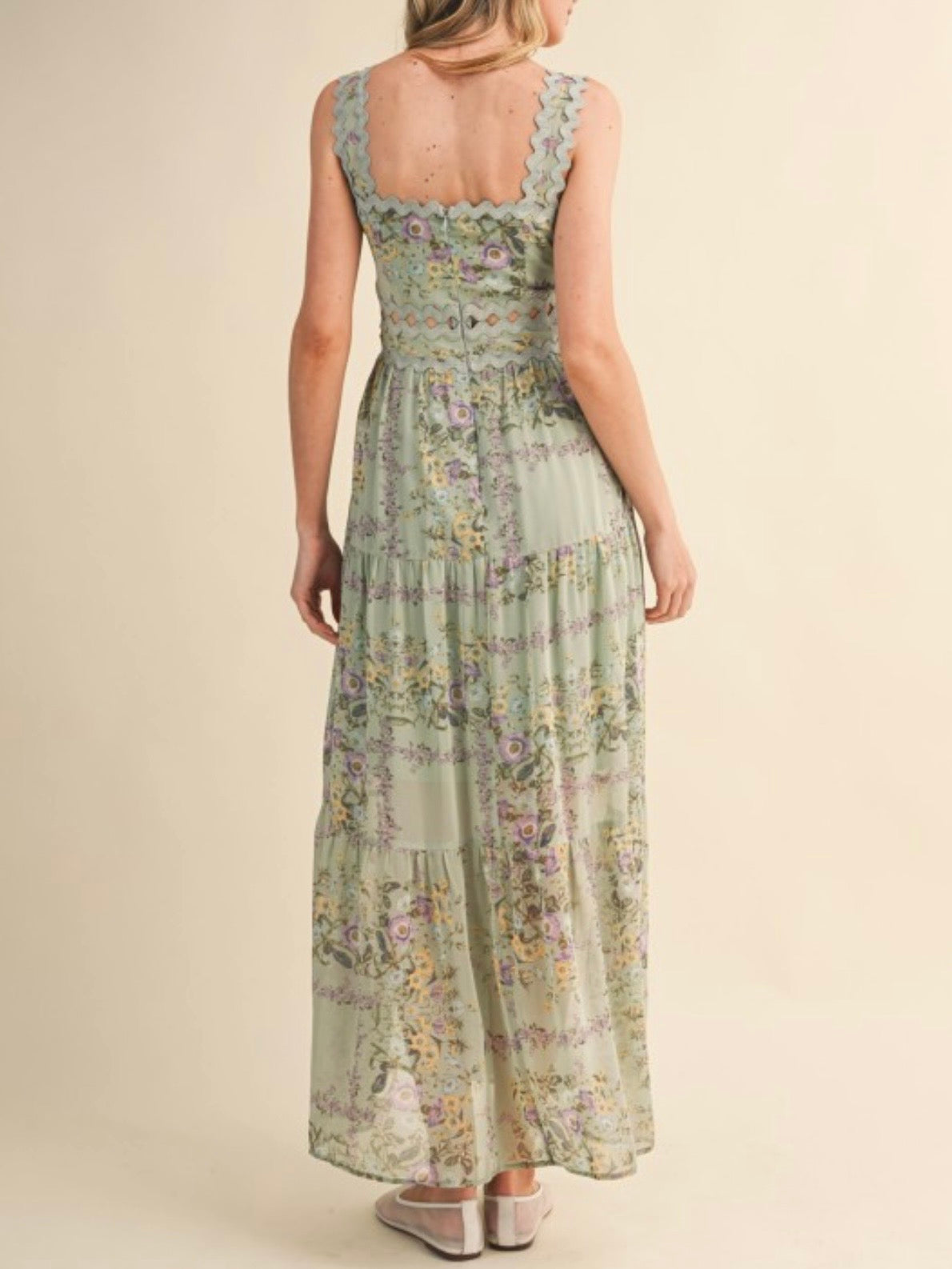 Light green floral printed square neck straps loose fit maxi dress