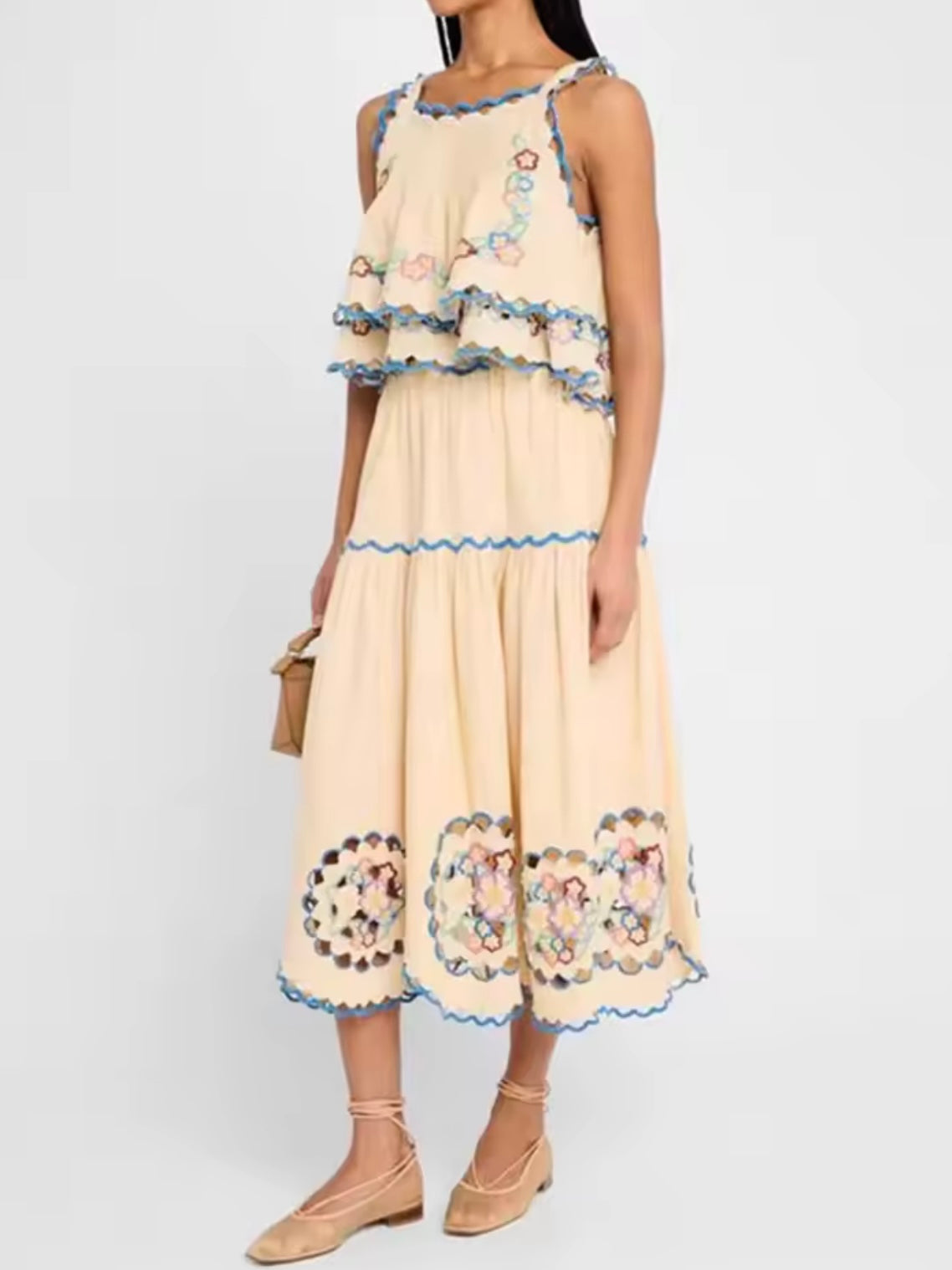 Beige floral crop top and maxi skirt set