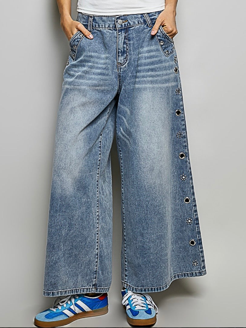Solid color denim hollow out wide leg Pants