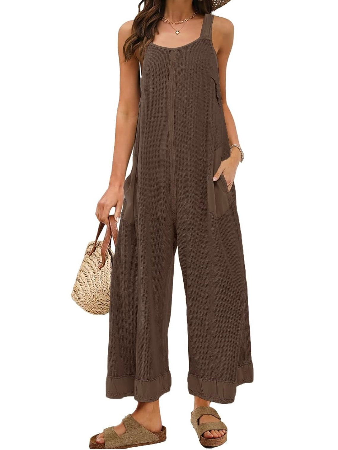 Solid colors waffle fabric loose jumper overall