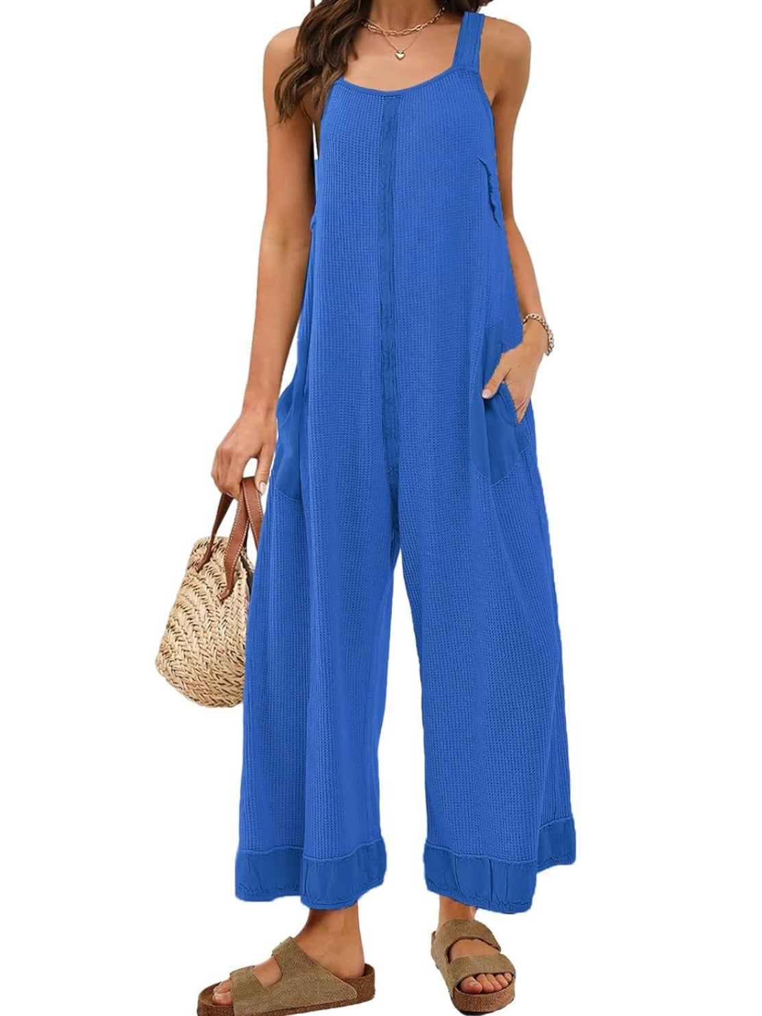 Solid colors waffle fabric loose jumper overall