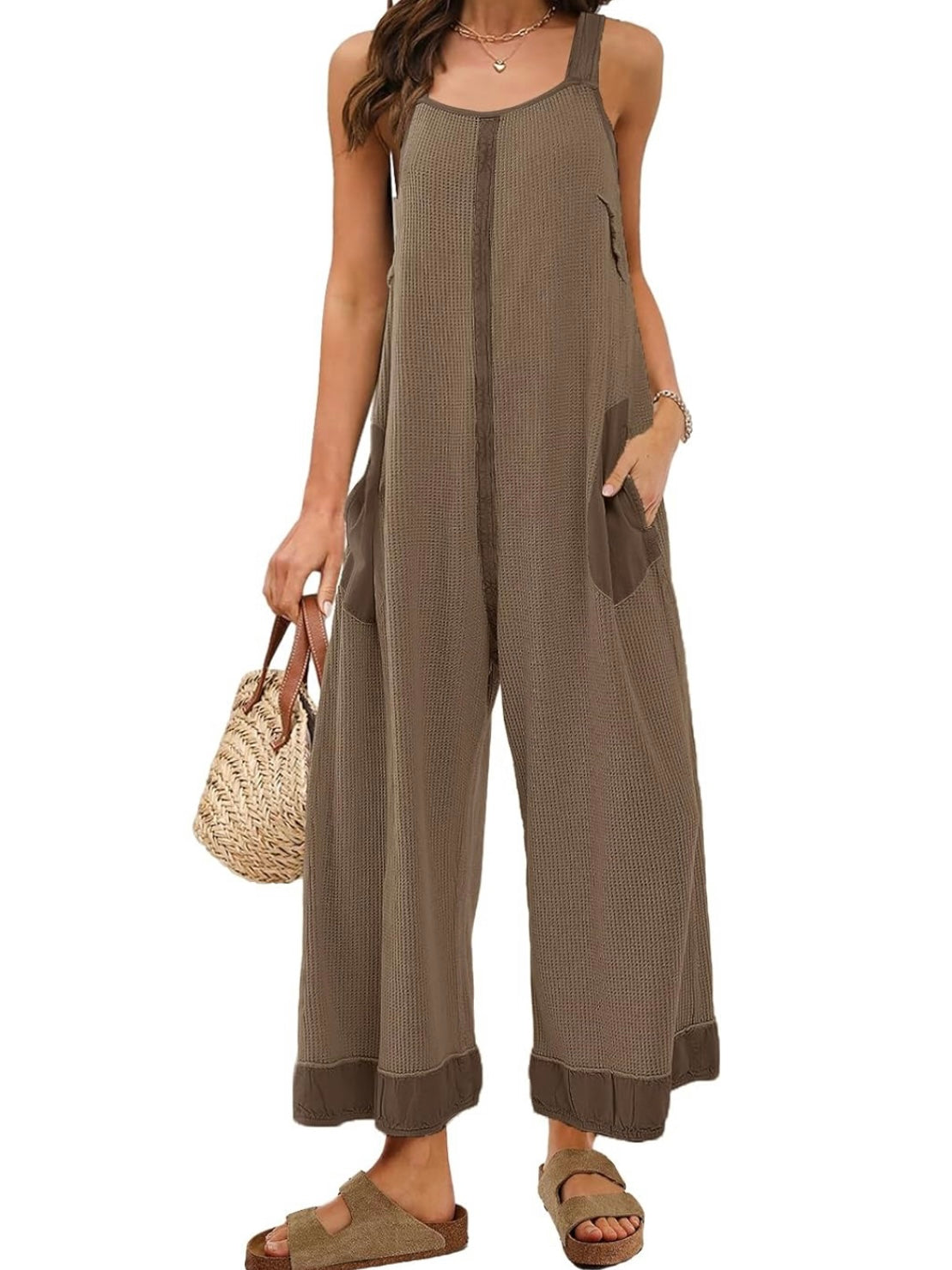 Solid colors waffle fabric loose jumper overall