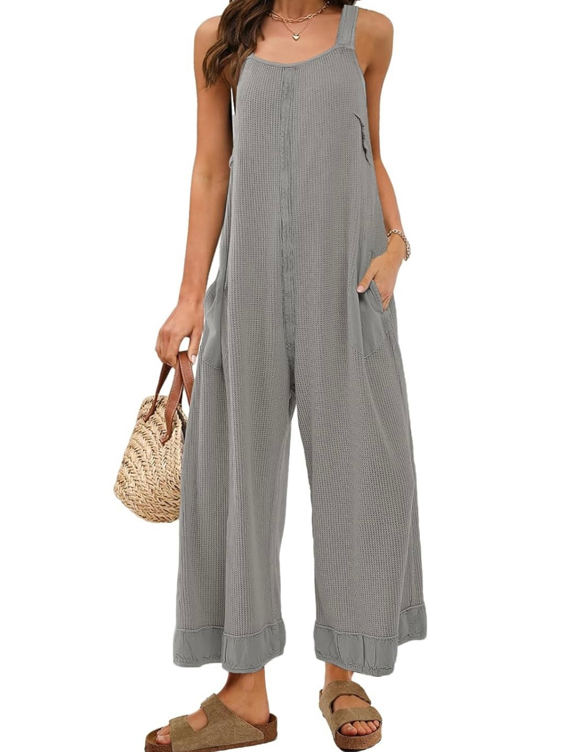 Solid colors waffle fabric loose jumper overall