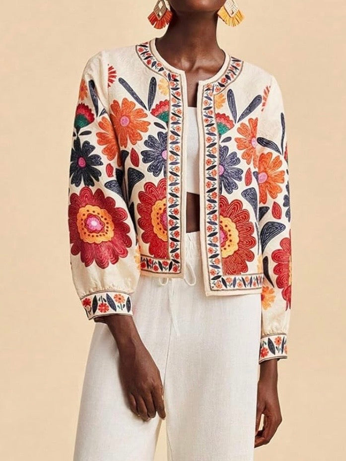 Off white floral printed open front bomber jacket