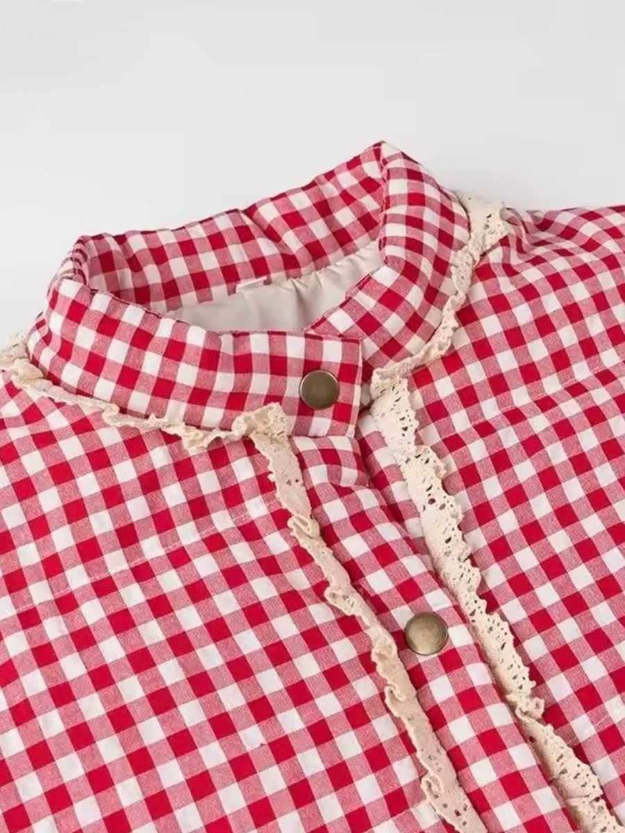 Red and white checkered print open front bomber quilted jacket
