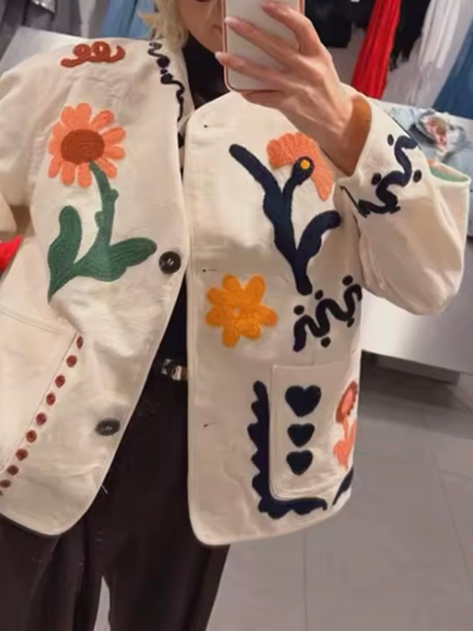 White floral bouquet embroidered open front bomber jacket