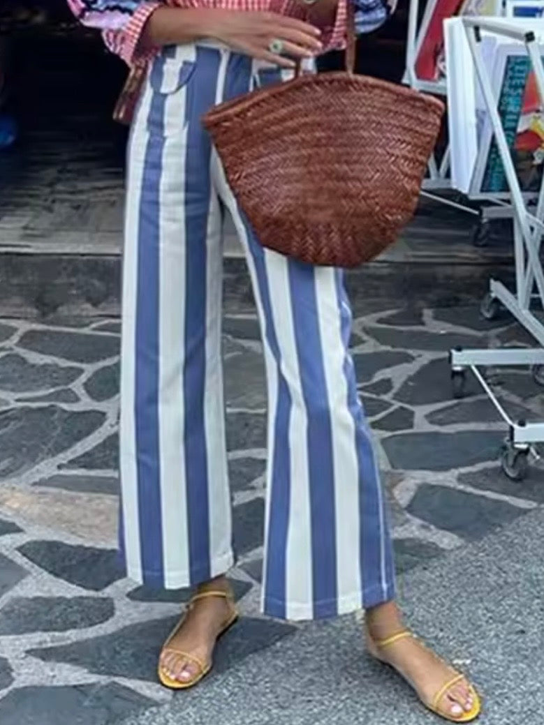 Color striped fabric straight pants