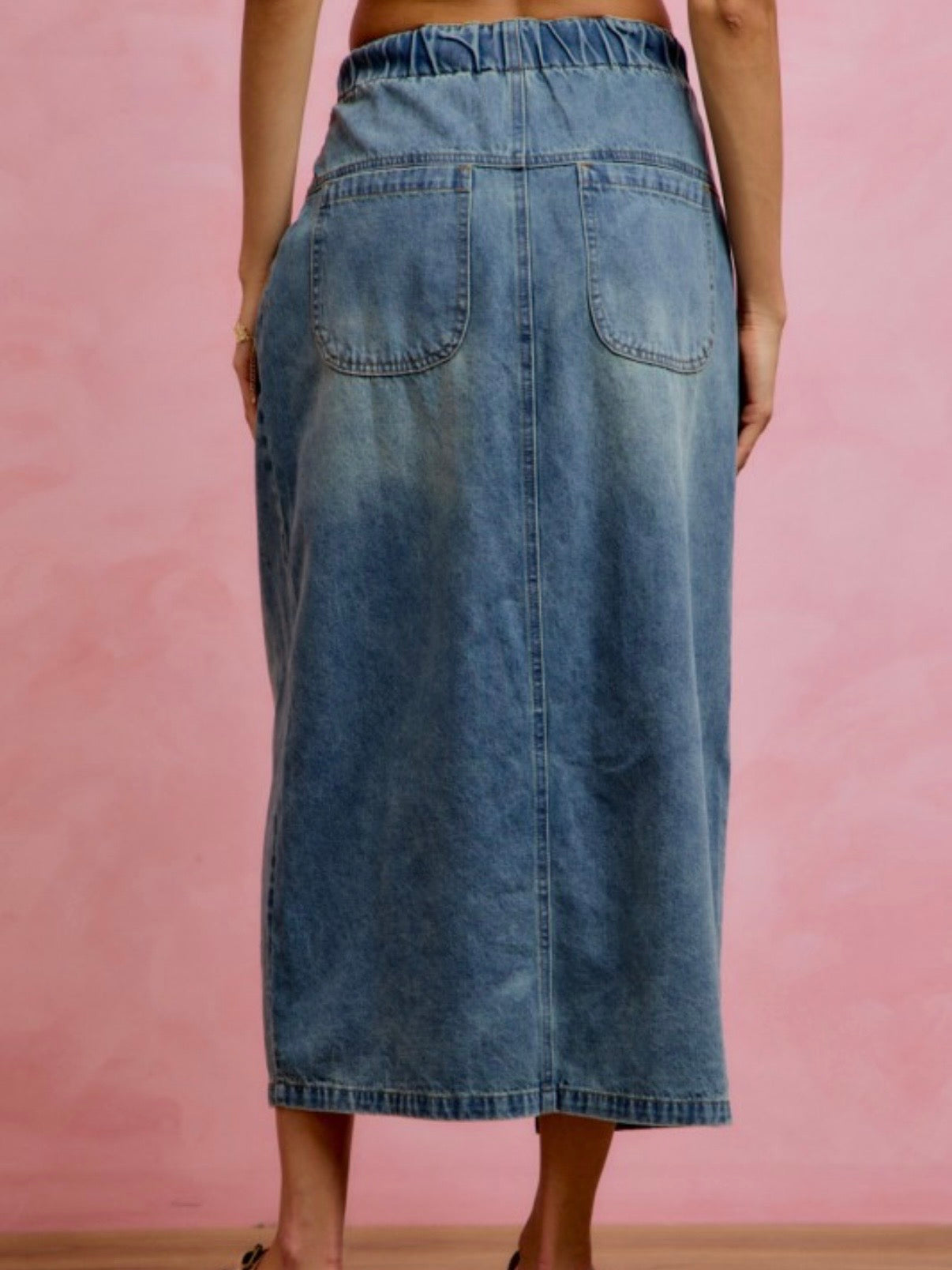 Mid blue denim tube buttoned open front midi skirts