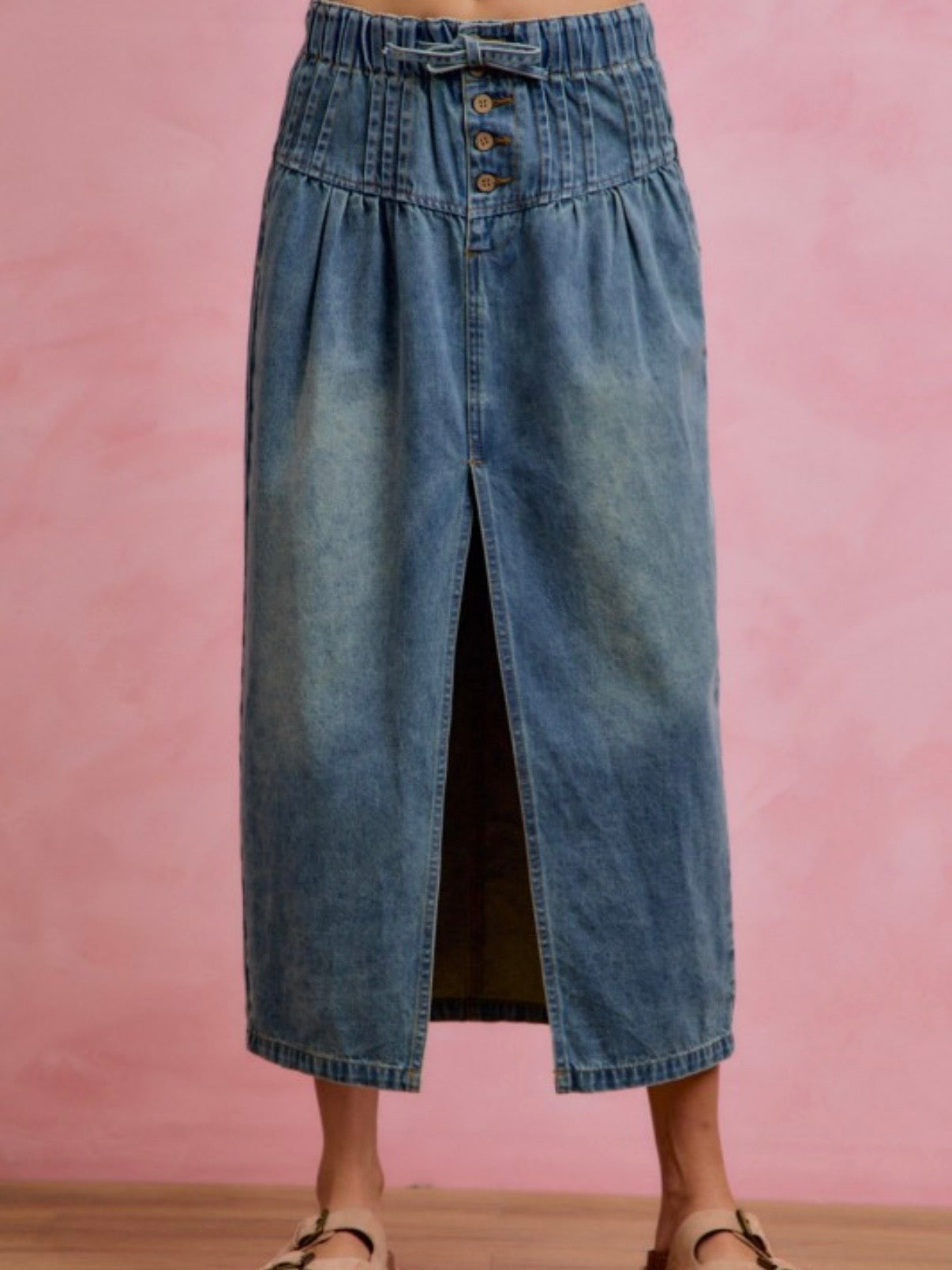 Mid blue denim tube buttoned open front midi skirts