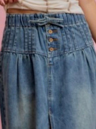 Mid blue denim tube buttoned open front midi skirts