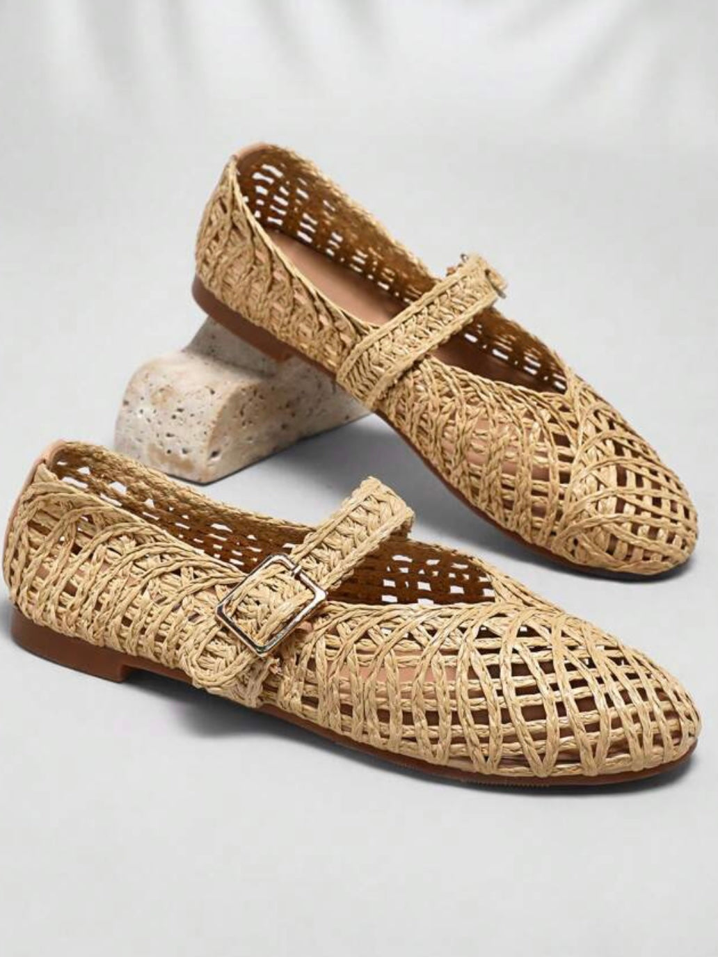 Beige strap straw ballet slip on flats loafers shoes