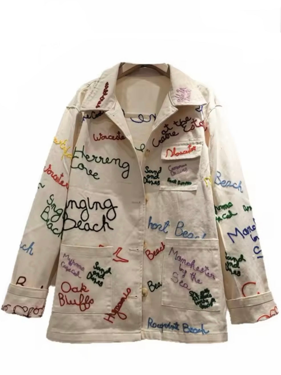 Natural and blue letters embroidered open front jacket