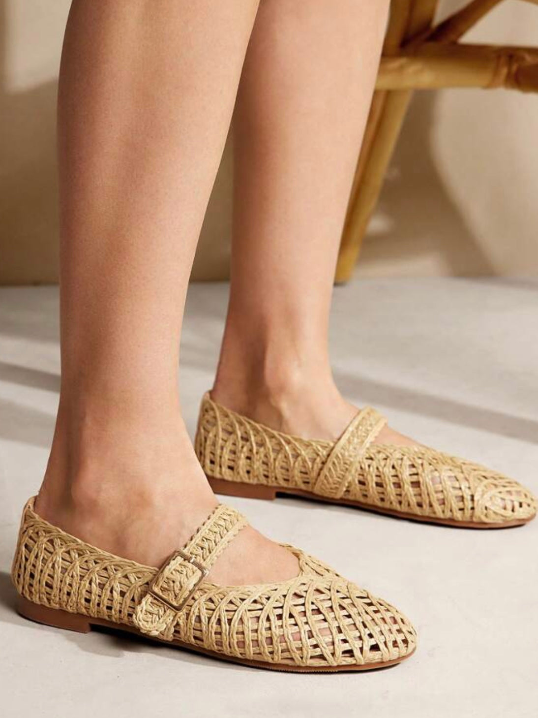 Beige strap straw ballet slip on flats loafers shoes