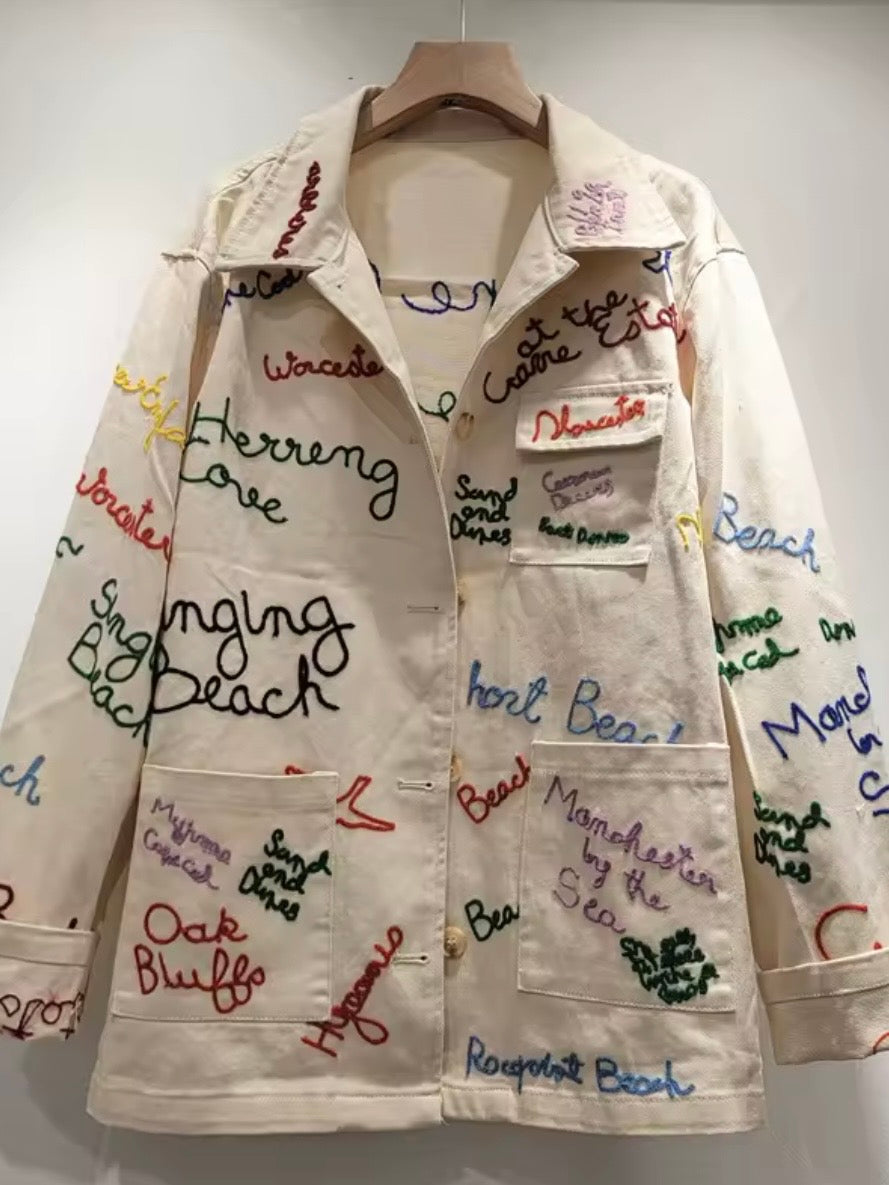 Natural and blue letters embroidered open front jacket