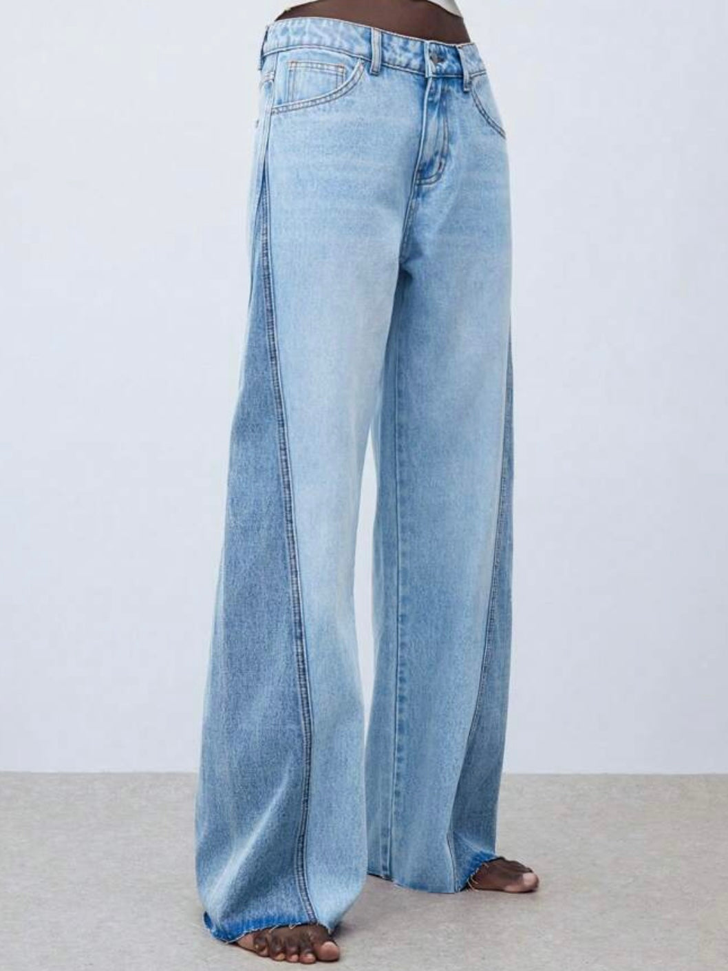 Two tones blue contrast wide jeans pants