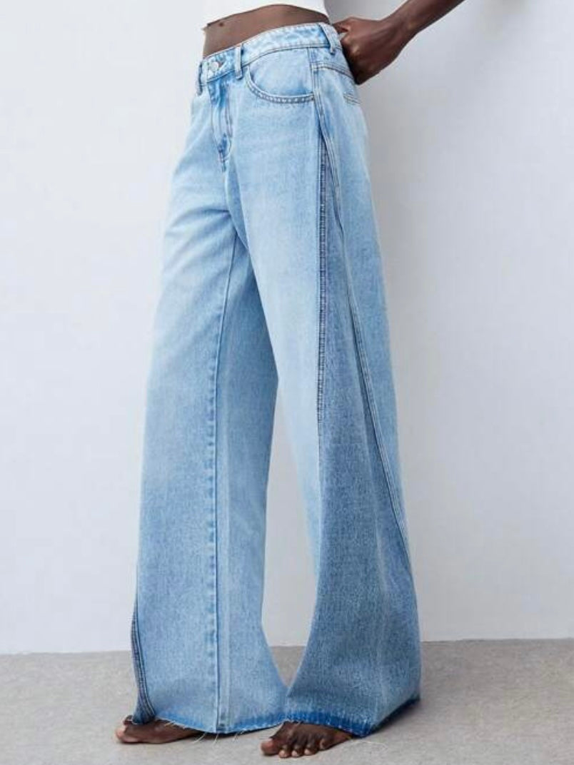 Two tones blue contrast wide jeans pants