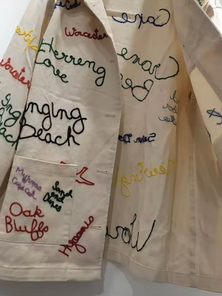 Natural and blue letters embroidered open front jacket