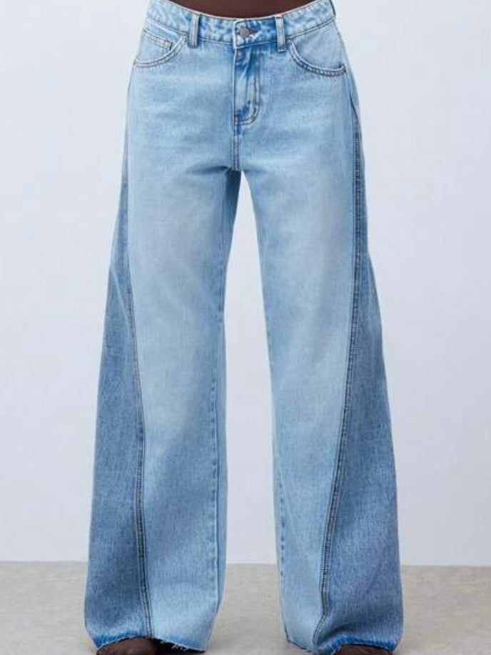 Two tones blue contrast wide jeans pants