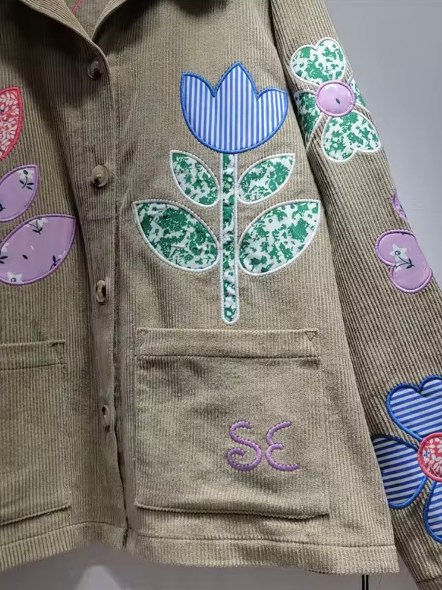 Green olive corduroy floral patched open front jacket
