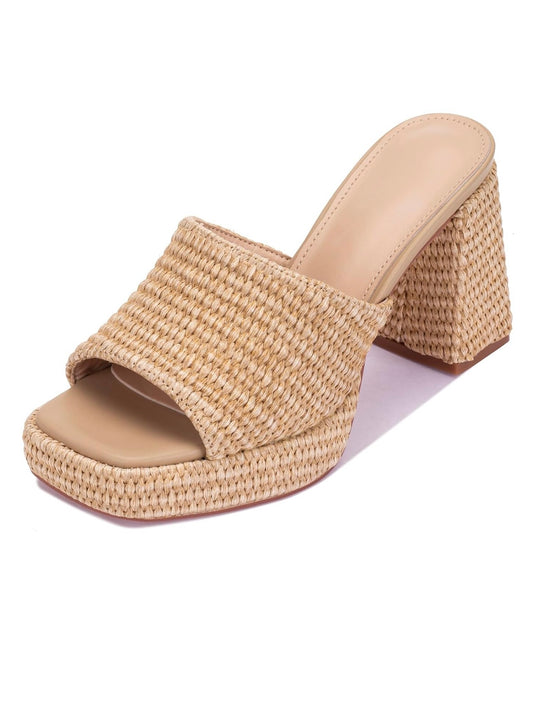 Natural beige high heels slip on sandals platform
